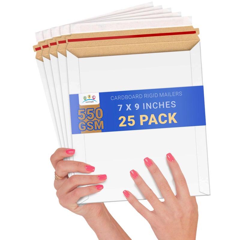 ABC PACK & SUPPLY White Rigid Mailers, 7 x 9 Inches. Pack of 25 Photo Mailer Envelopes. Flat Cardboard Mailers Self-Seal. Sturdy Cardboard Photo Envelope. Recyclable Hard Shipping Envelopes - Image 1